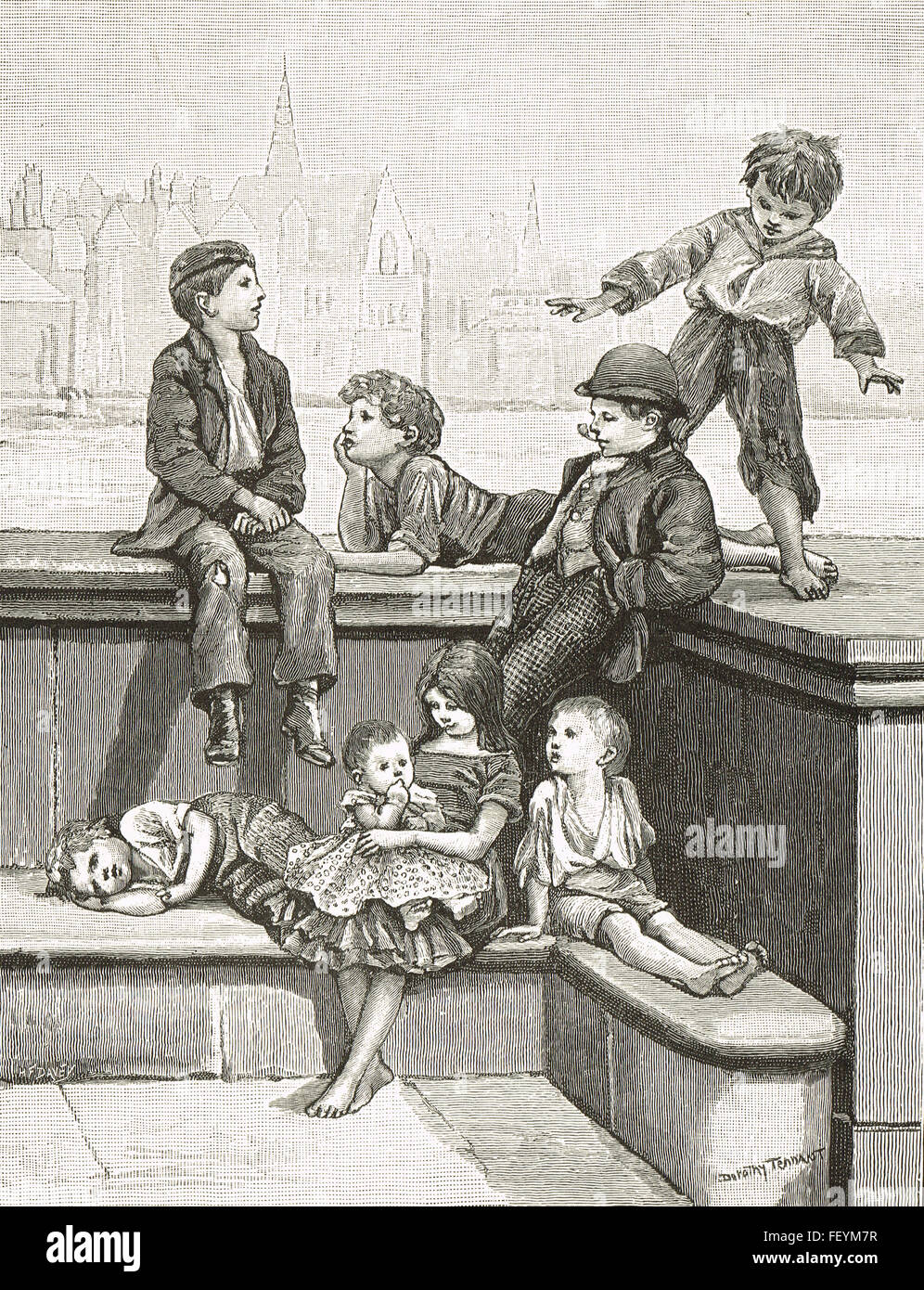 Victorian London Street arabi a giocare dal Tamigi Foto Stock