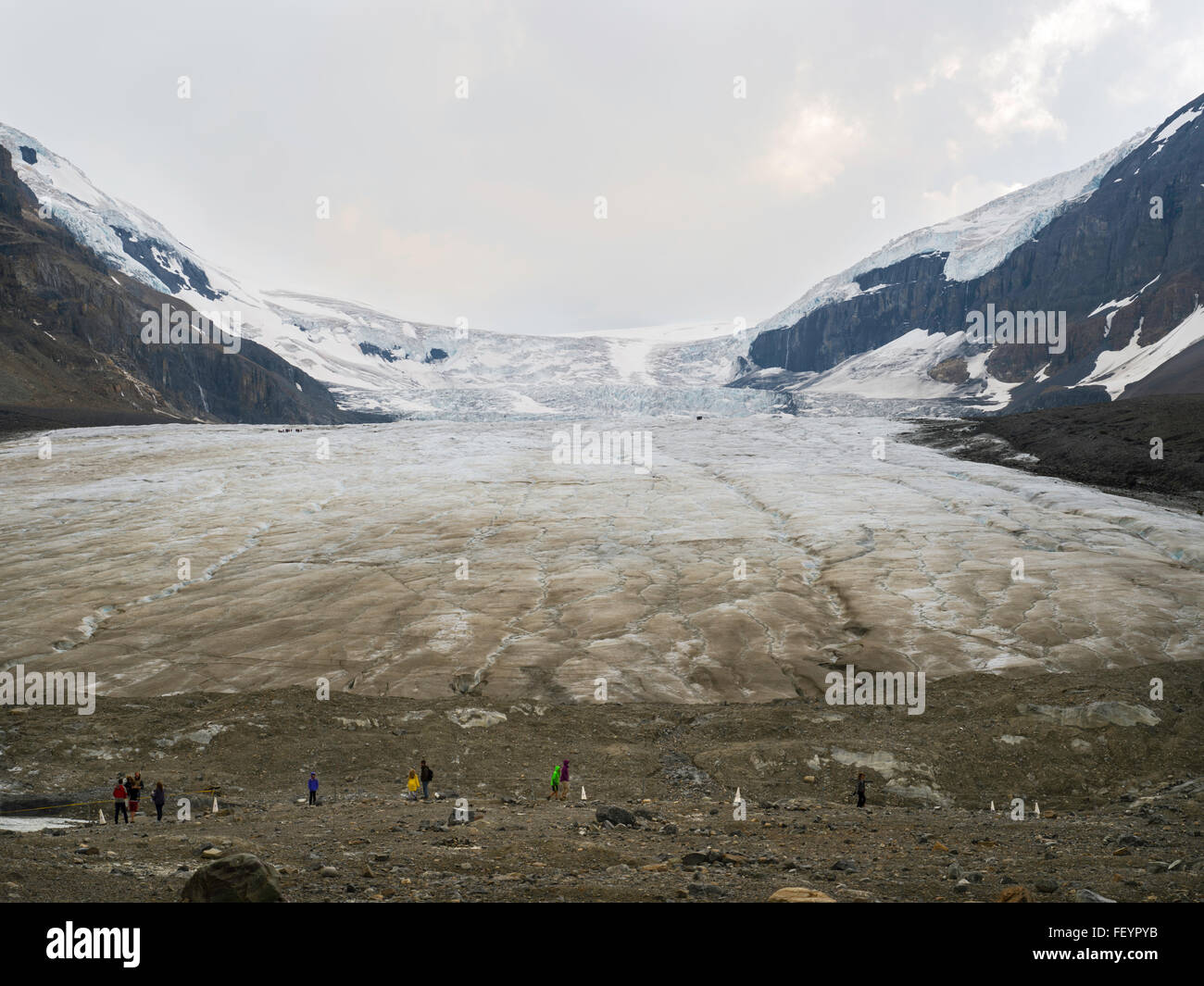 Il turista a godere di una vista dell'Athabasca Glacer lungo la Icefields Parkway, Jasper National Park, Alberta, Canada, su un nuvoloso giorno Foto Stock