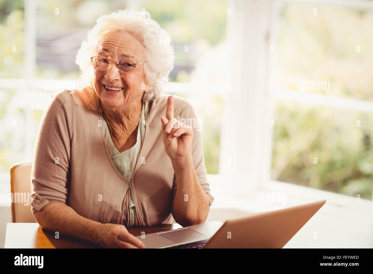 Sorridente donna senior sollevando il dito utilizzando laptop Foto Stock