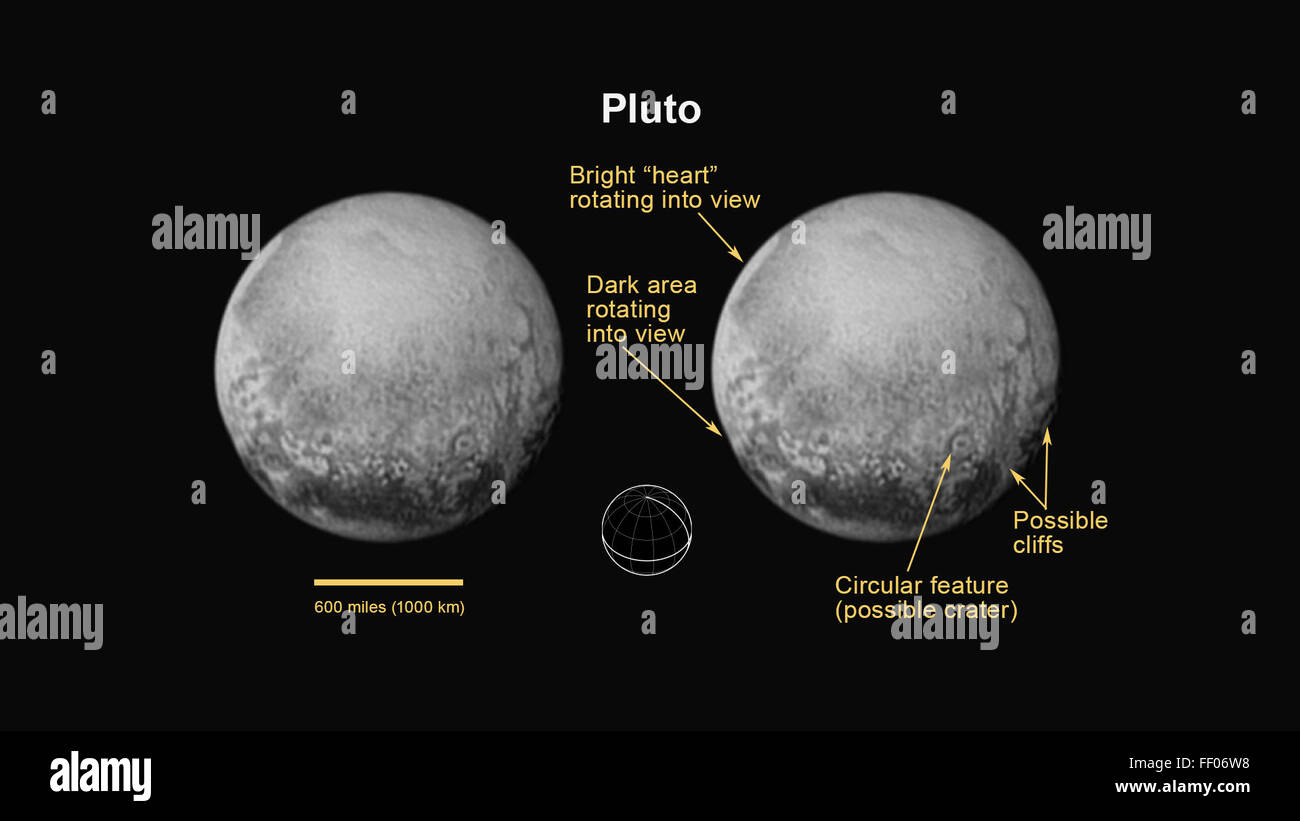 La missione New Horizons della NASA cattura immagini dettagliate del polo nord, dell'equatore e del meridiano centrale di Plutone, fornendo preziose informazioni sulla geologia e sulle caratteristiche atmosferiche del pianeta nano. Foto Stock