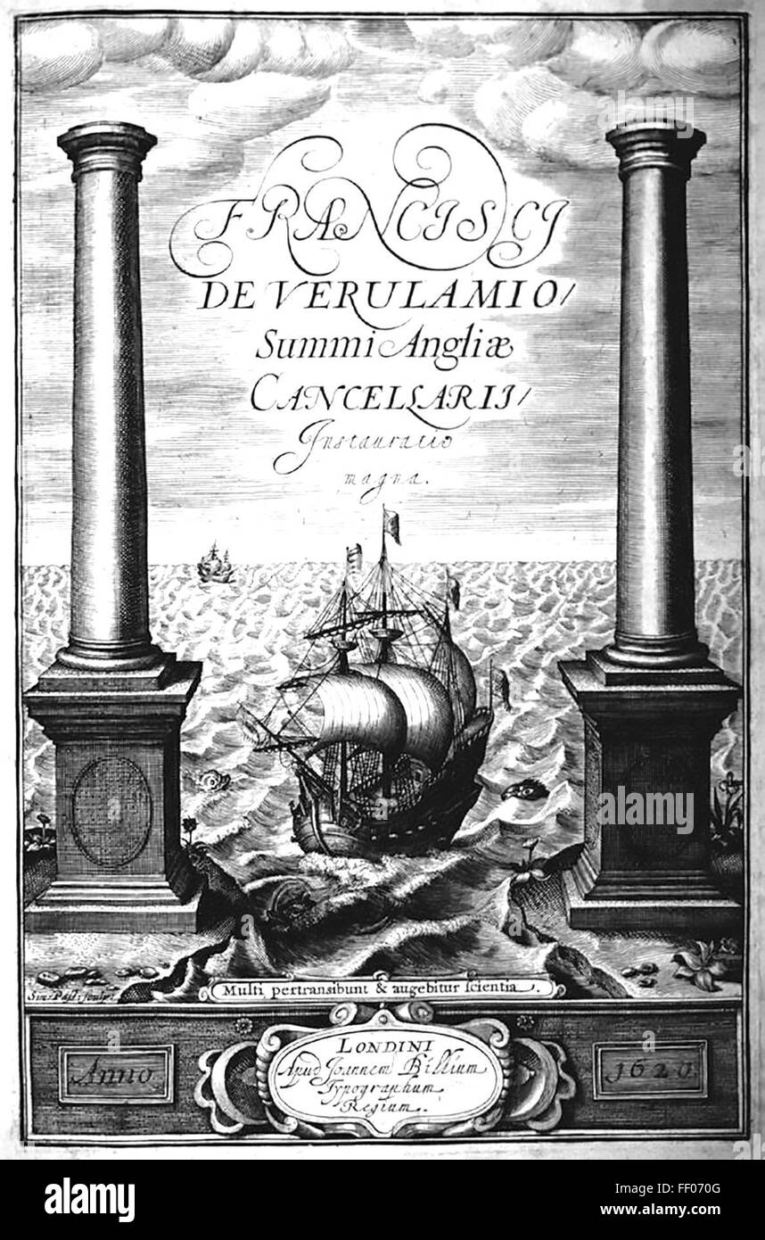 FRANCIS Bacon (1561-1626) statista inglese e filosofo. Titolo pagina del suo 1620 Novum Organum Scientiarum (nuovo metodo scientifico) che mostra un galeone passando attraverso le colonne d'Ercole che simboleggia il vecchio stile mediterraneo sistema basato su di una logica di esplorare nuovi mondi simboleggiato dall'Atlantico. Il testo latino in fondo dice 'Mqualsiasi effettuerà il viaggio e la conoscenza sarà aumentata' Bacon nel ruolo di Cancelliere di Inghilterra è evidenziato in precedenza. Foto Stock