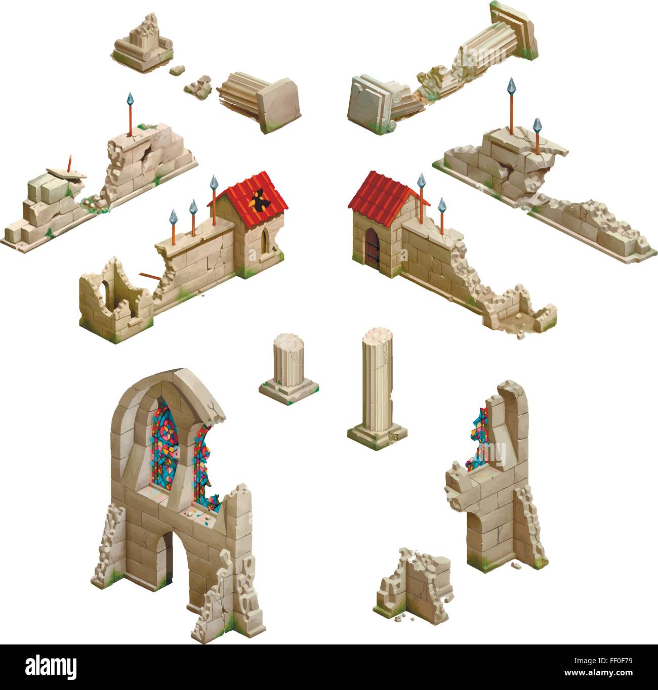 Grande gruppo di edifici medievali, gioco isometrico Arte su bianco Illustrazione Vettoriale