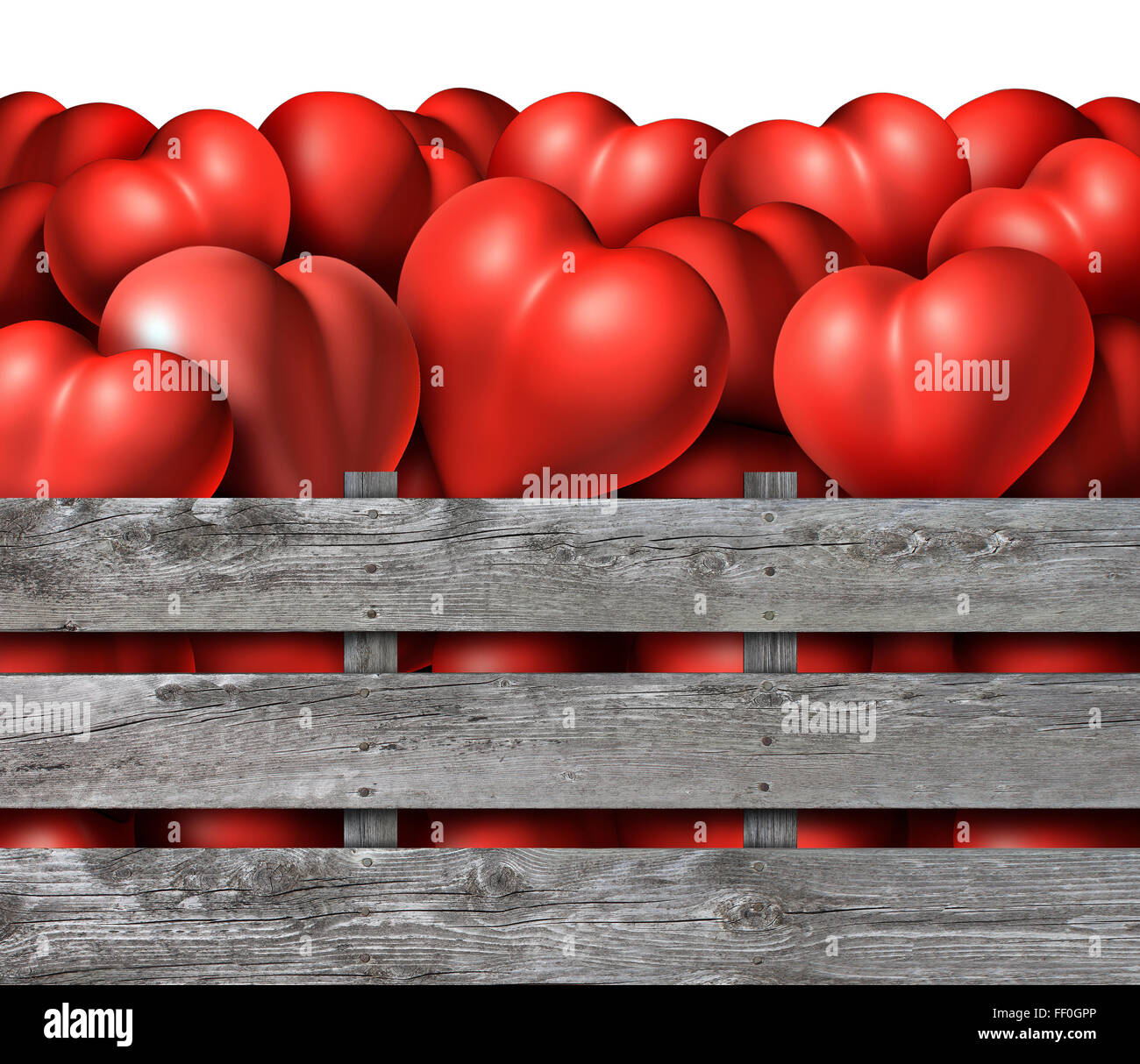 Amore stagione simbolo come un gruppo di rosso cuori dimensionale in un legno rustico cassa come un simbolo per san valentino vacanza,o rapporto romantico concetto per datinf impegno o matrimonio. Foto Stock