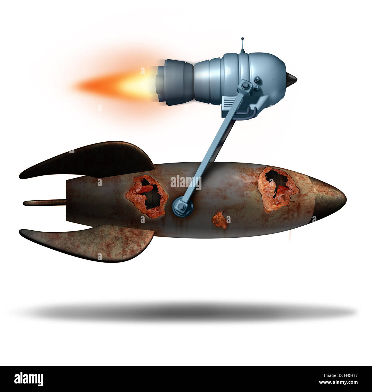 Aggiornamento di vecchia tecnologia come un aggiornamento nel concetto di business come un vecchio arrugginito razzo attaccato ad un moderno motore a getto o motore booster per aumentare la velocità e le prestazioni come una metafora di successo per innovare vecchie idee non competitivi. Foto Stock