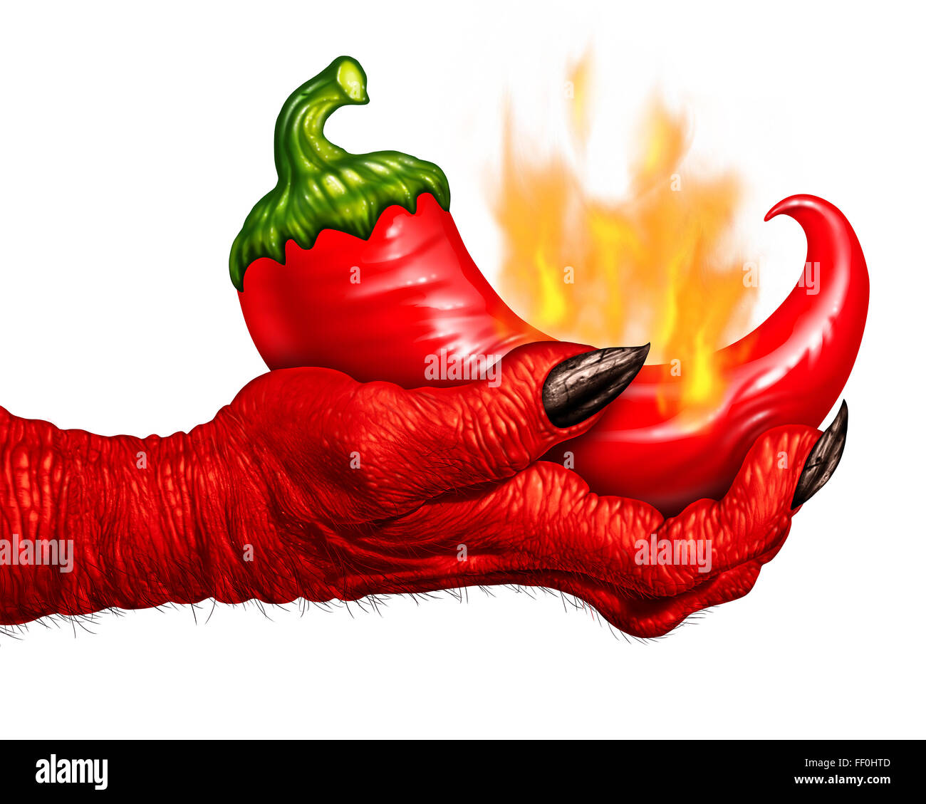 Hot Pepper diavolo mano come un peperoncino rosso brucia in fiamme essendo tenuto da un demone mano come un simbolo di cibo per il condimento piccante cucina isolata su uno sfondo bianco. Foto Stock