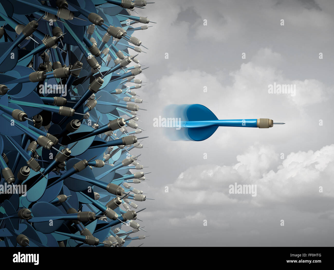 Il successo aziendale messa a fuoco come un simbolo per il successo della comunicazione e marketing come un gruppo di miscelati fino a freccette e uno focalizzato emergente individuali in una linea retta fuori dalla confezione come una leadership e metafora delle prestazioni. Foto Stock