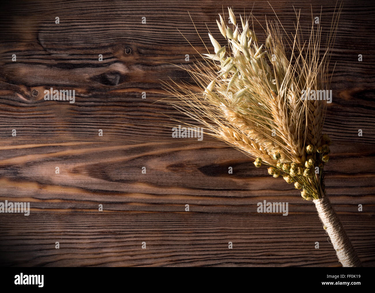 Un covone di spighe sullo sfondo di legno. Foto Stock
