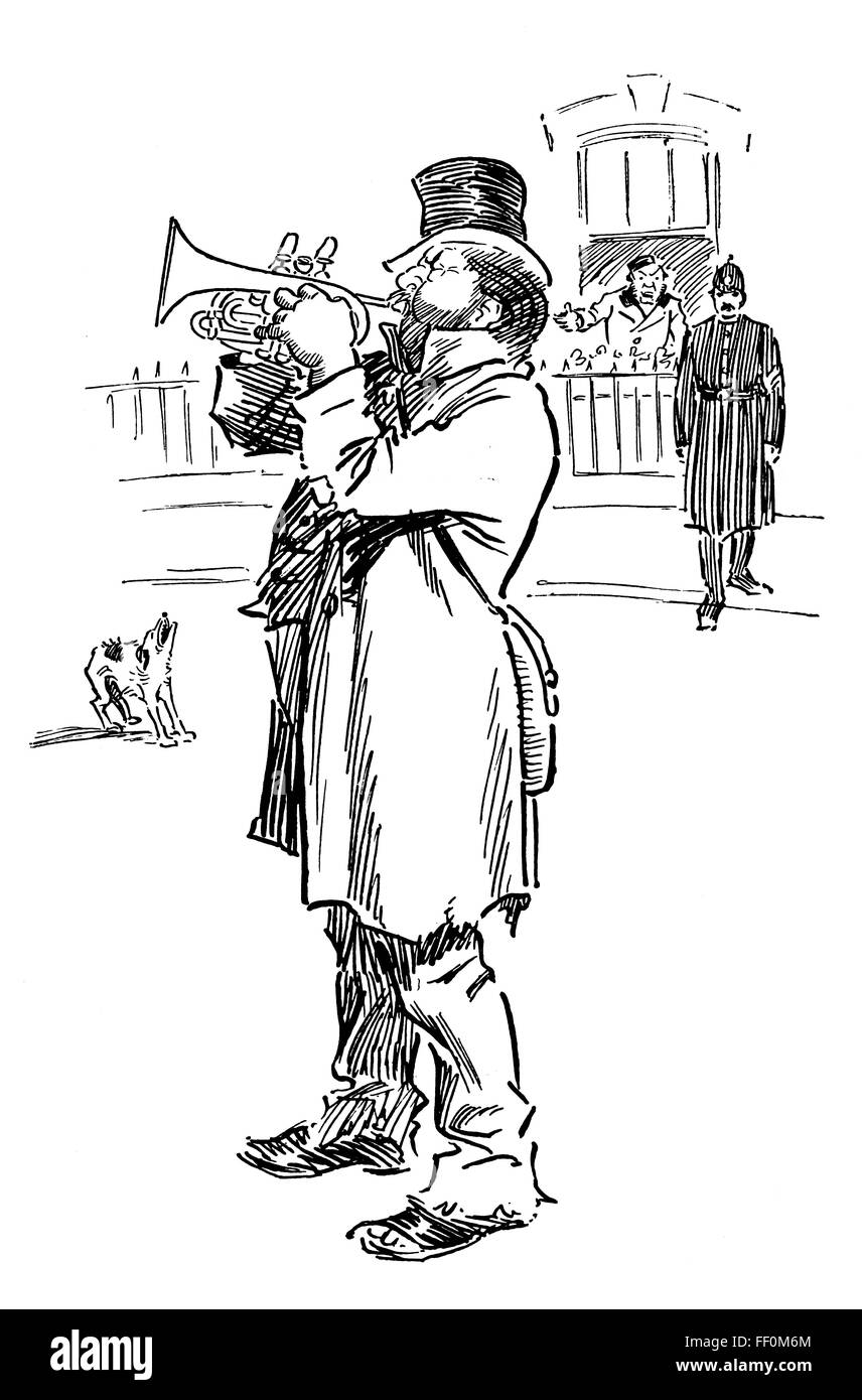 Musicista di strada attirando l attenzione di poliziotto, da J Staniforth di Cardiff, illustrazione di linea dal 1897 Studio Magazine Foto Stock