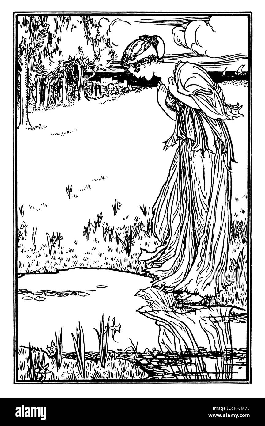 Keats poesia illustrazione da Robert Anning Bell (1863-1933 artista inglese e Designer, donna che guarda la riflessione in acqua Foto Stock