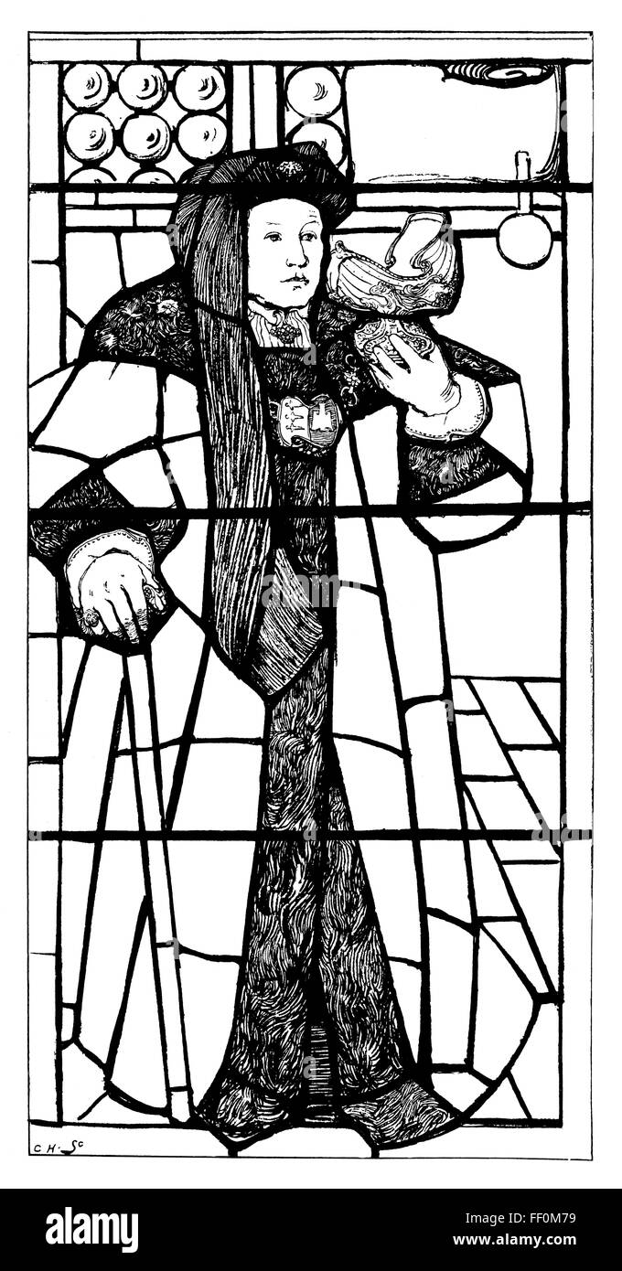 La figura medievale tenendo un calice, Design per vetrate di Gerald Moira Foto Stock
