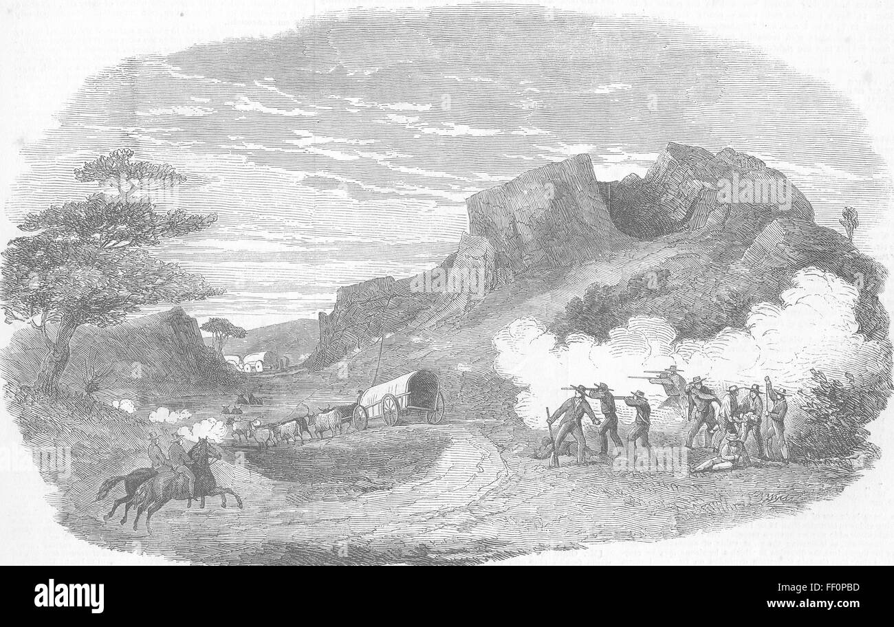 Sud Africa Xhosa attacco bellico sui carri, Fish River 1852. Illustrated London News Foto Stock