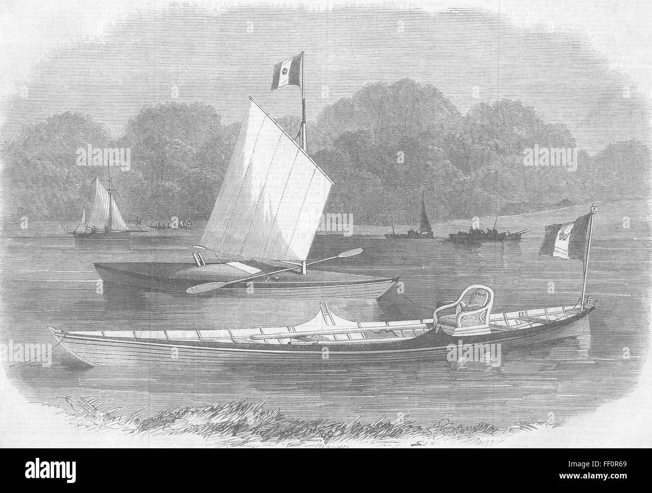 ROYALTY Skiff & canoa per l'Imperatrice del francese 1867. Illustrated London News Foto Stock