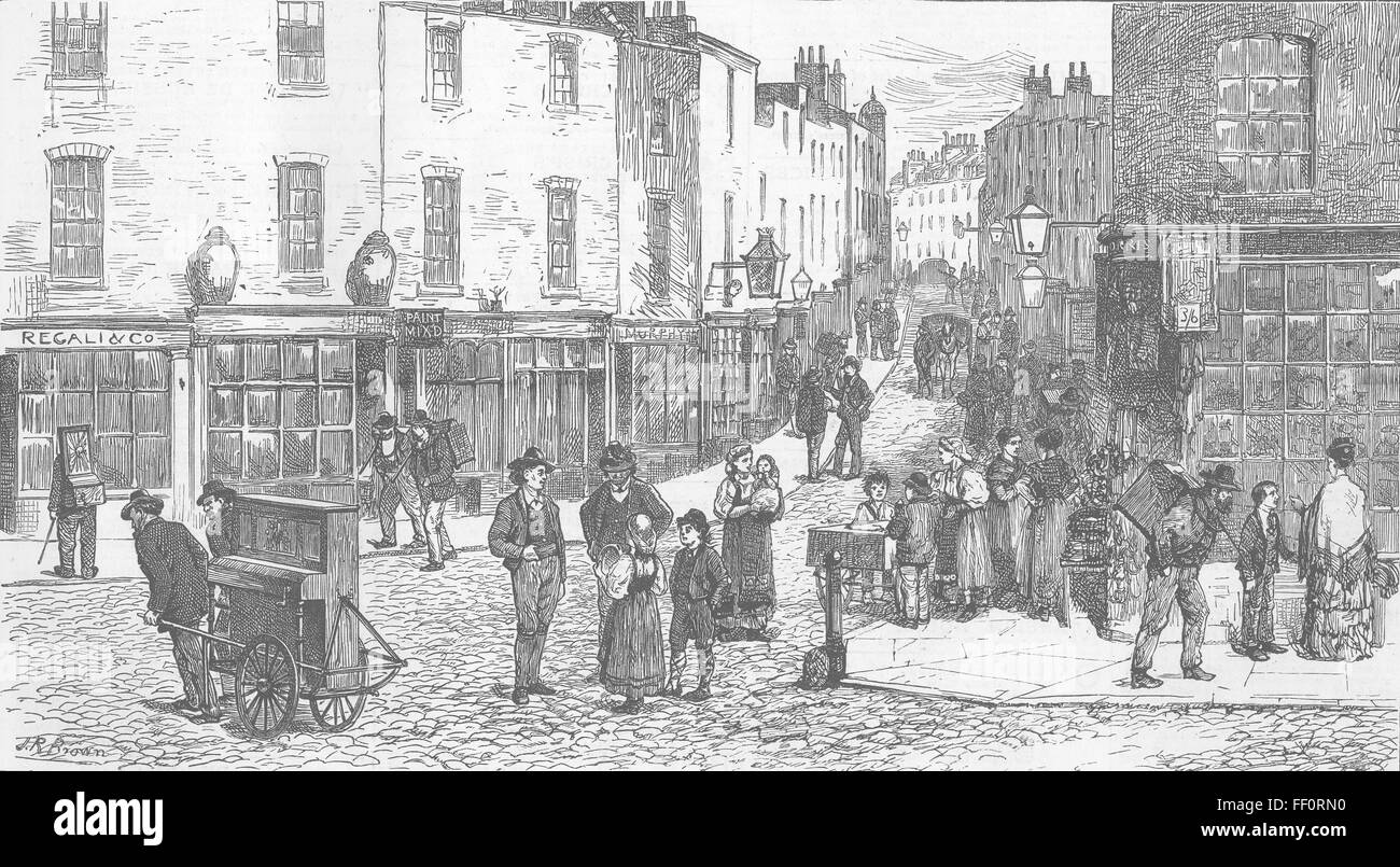Londra organo italiano macinatore della casa di Hatton Garden 1875. Il grafico Foto Stock