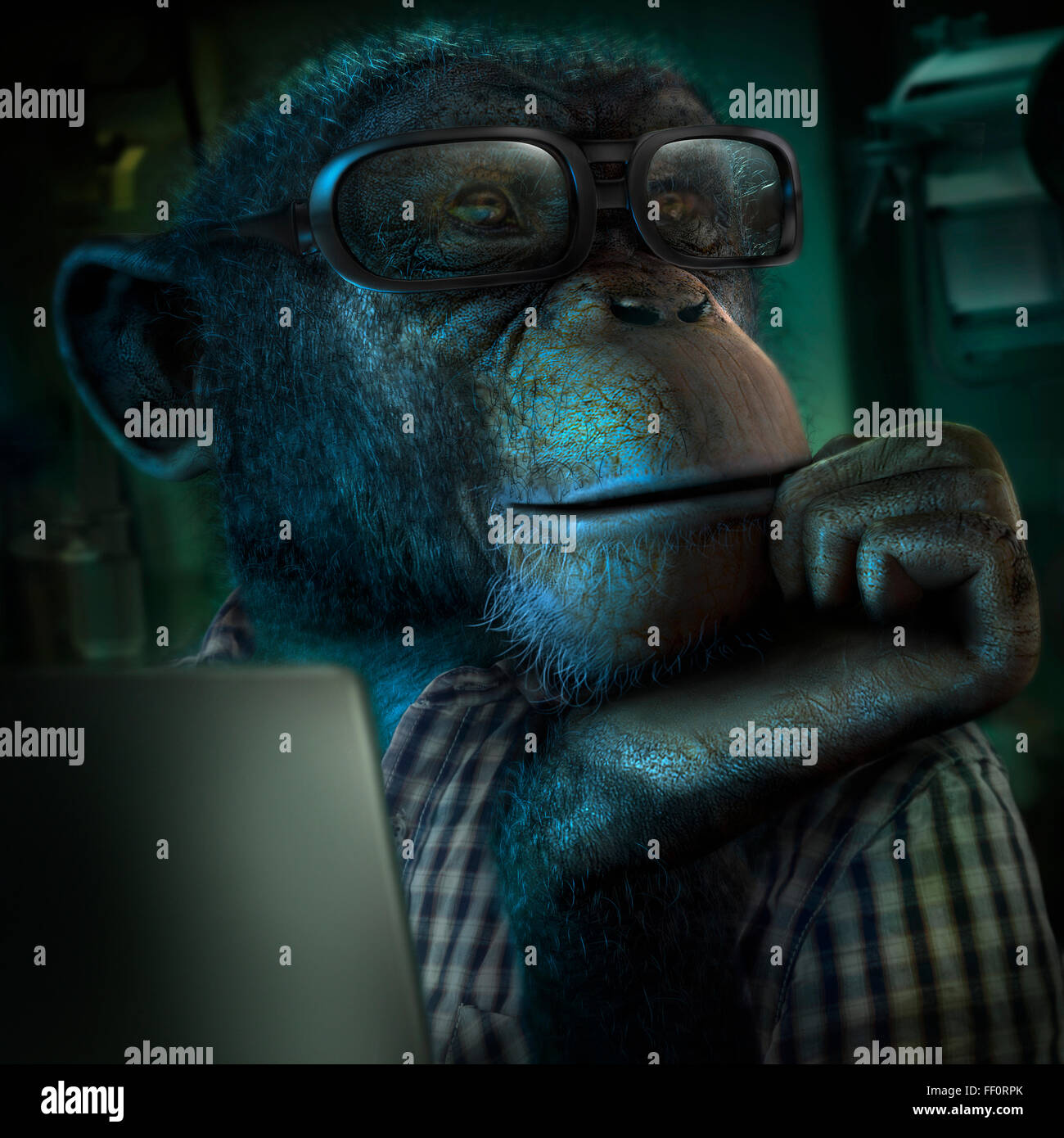 Monkey in occhiali in appoggio mento in mano Foto Stock