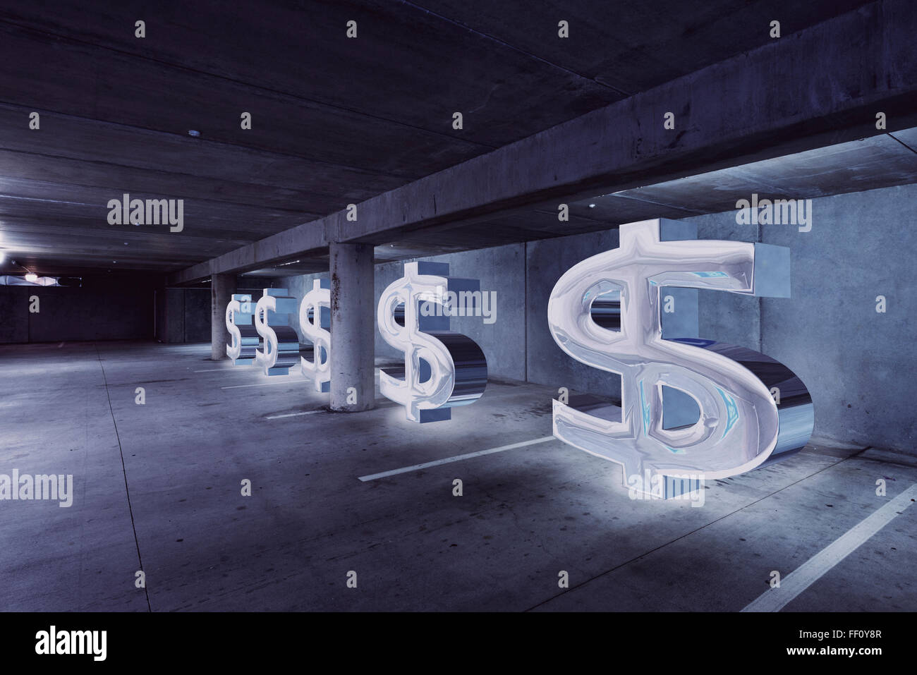 Segni di dollaro in parcheggio Foto Stock