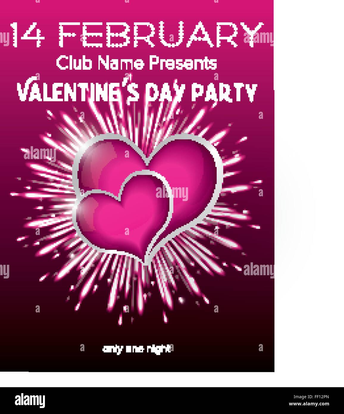Happy Valentines Day parte Flyer Design modello. Illustrazione Vettoriale. Volantino Club concetto con due cuori viola e fuochi d'artificio Illustrazione Vettoriale