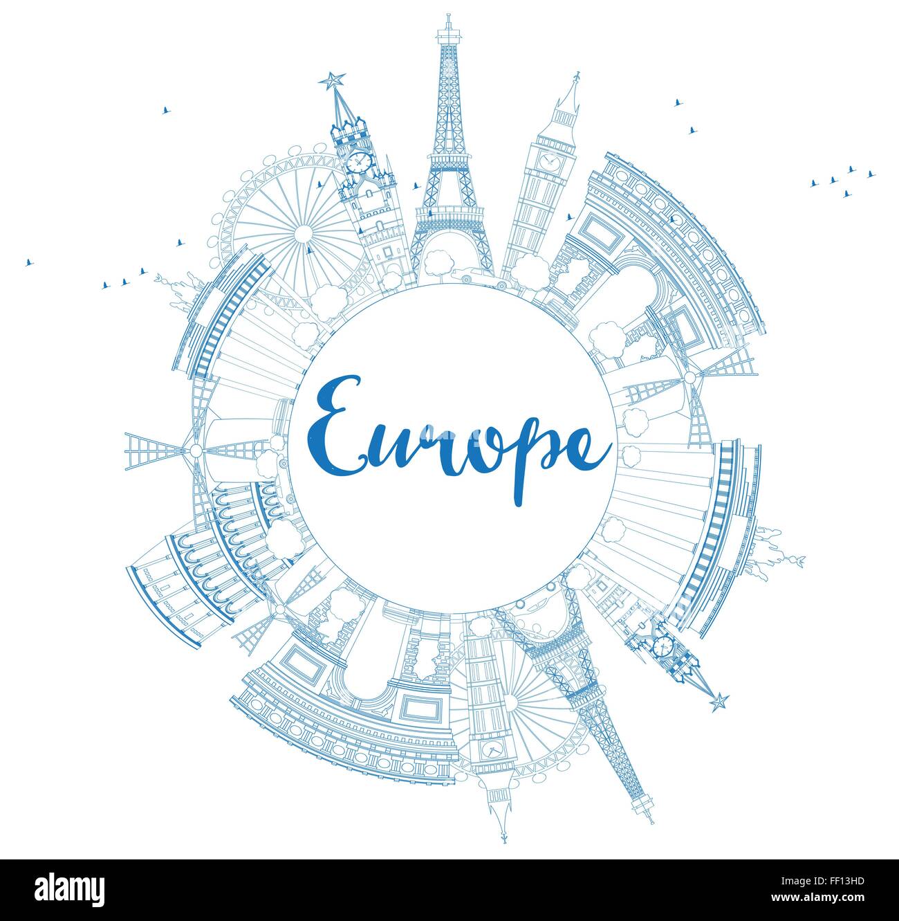 I luoghi più famosi in Europa. Profilo illustrazione vettoriale. Viaggi di affari e turismo concetto con posto per il testo. Illustrazione Vettoriale