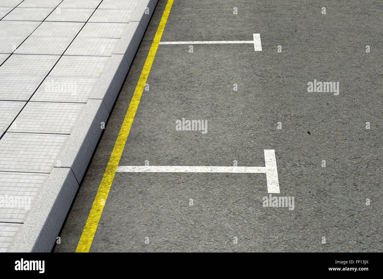 Una sezione di una strada asfaltata con delimitate dalle aree di parcheggio accanto a un marciapiede nel giorno Foto Stock