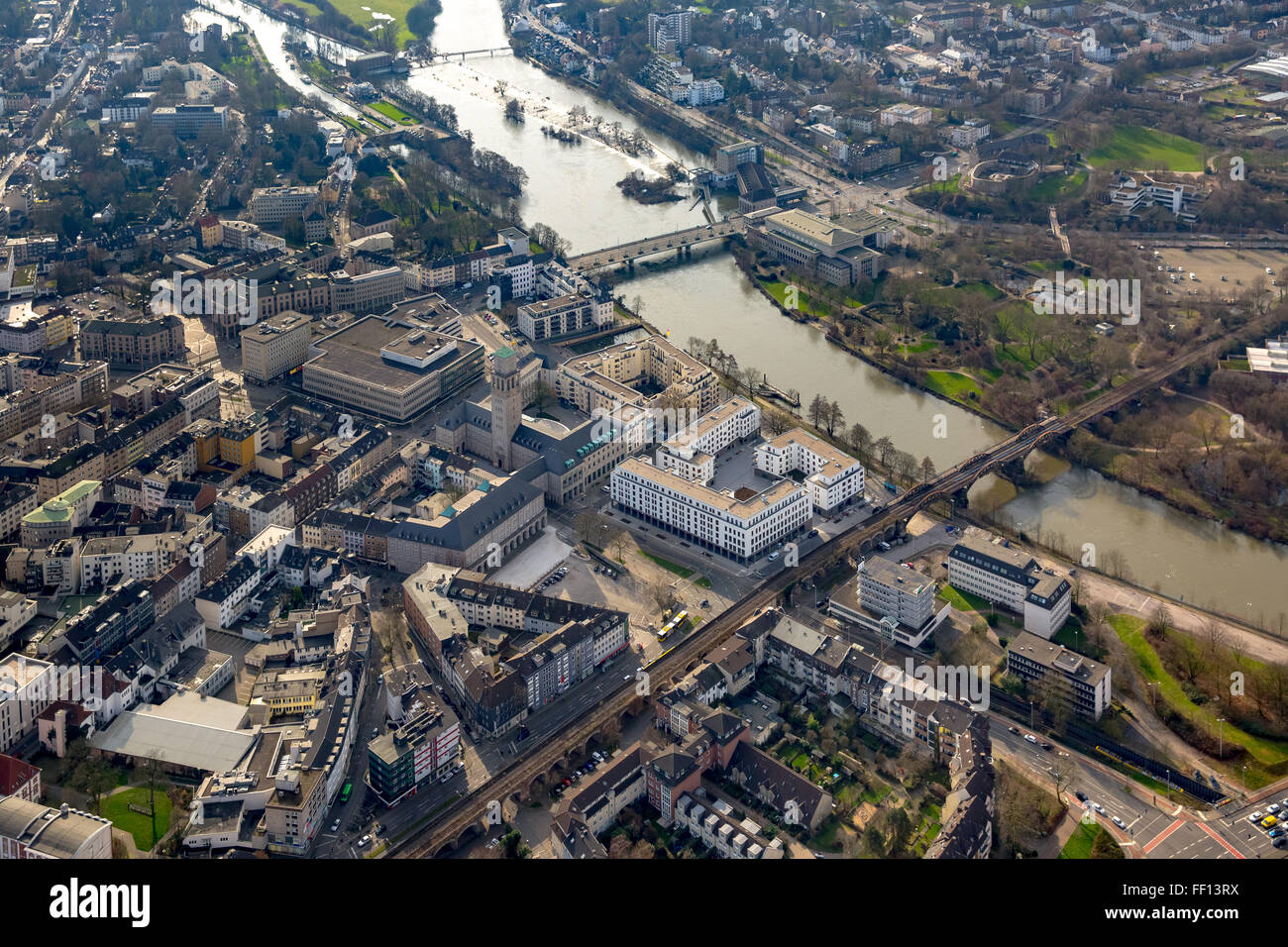 Vista aerea, Ruhrbania, Mülheim, centro della Ruhr, Mülheim Ruhr, Ruhr shore, Centro citta', il Municipio, la zona della Ruhr,della Renania settentrionale-Vestfalia Foto Stock