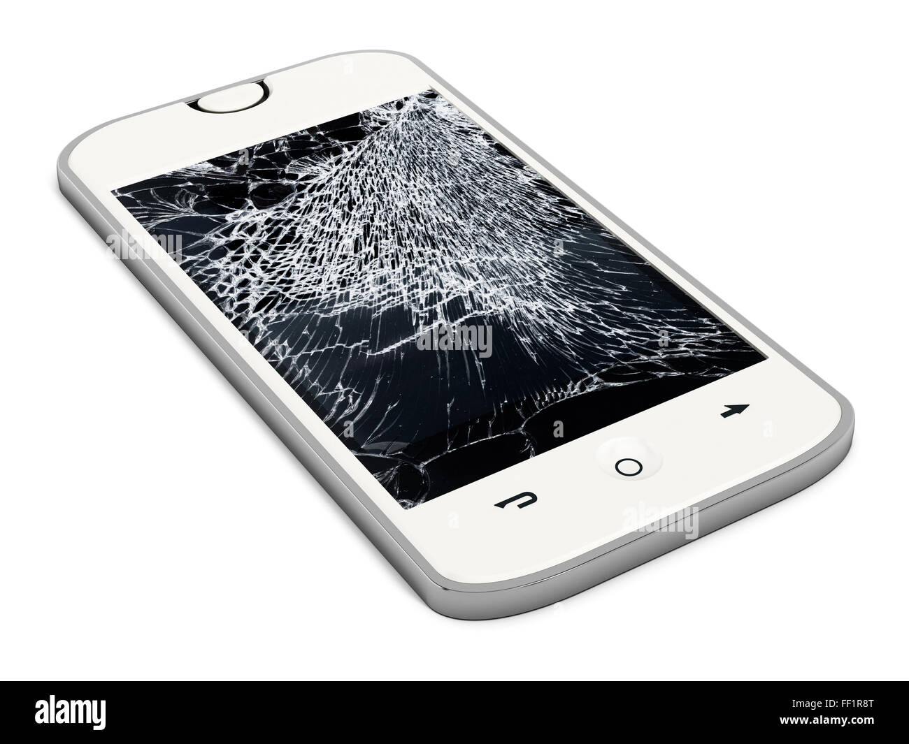 Smartphone con schermo rotto isolati su sfondo bianco Foto Stock