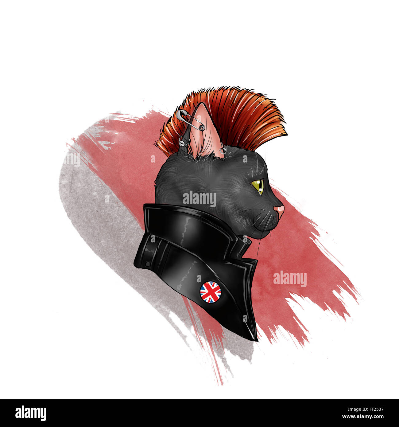 Disegnata a mano illustrazione di un felino vestito come un punk rock carattere Foto Stock