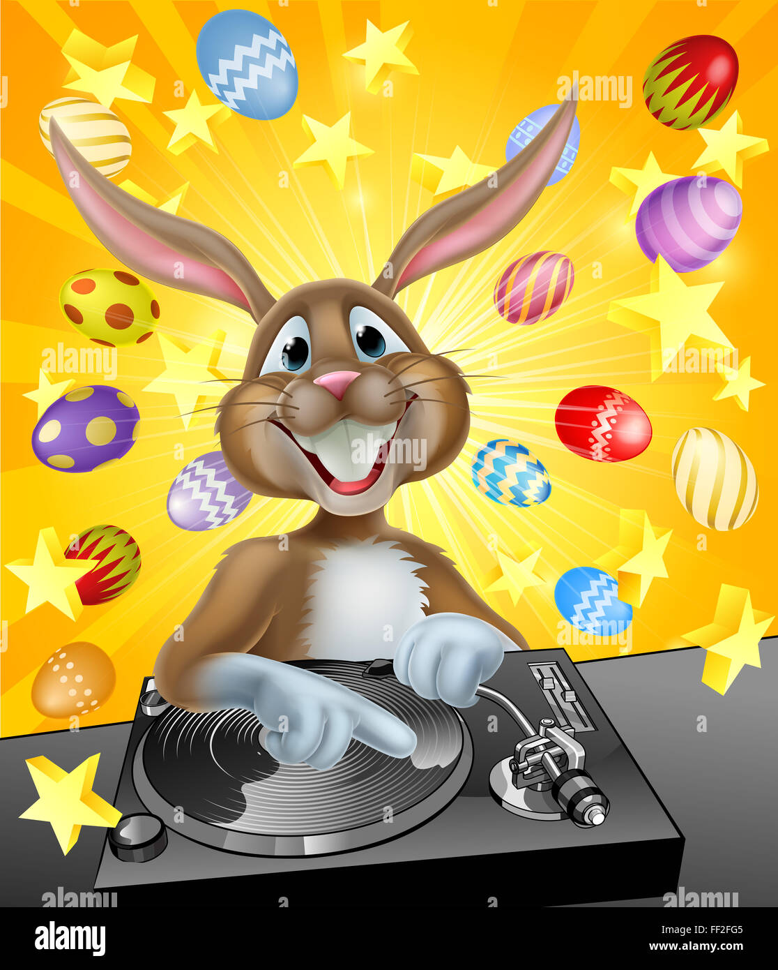 Cartoon coniglietto di pasqua DJ miscelazione a ponti o giradischi con le uova di Pasqua di cioccolata in background Foto Stock