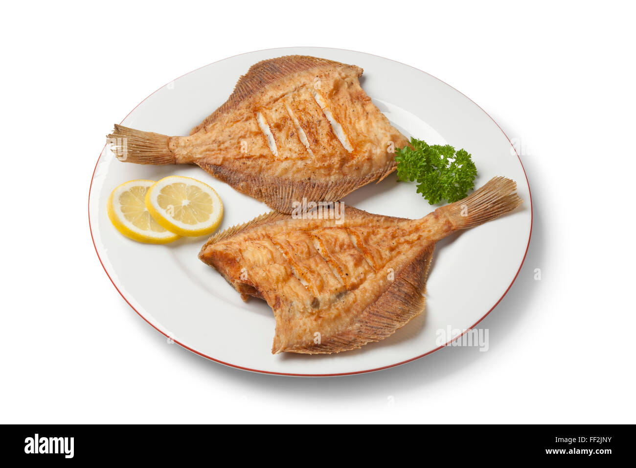 Il piatto con la passera di mare fritti, limone e prezzemolo su sfondo bianco Foto Stock