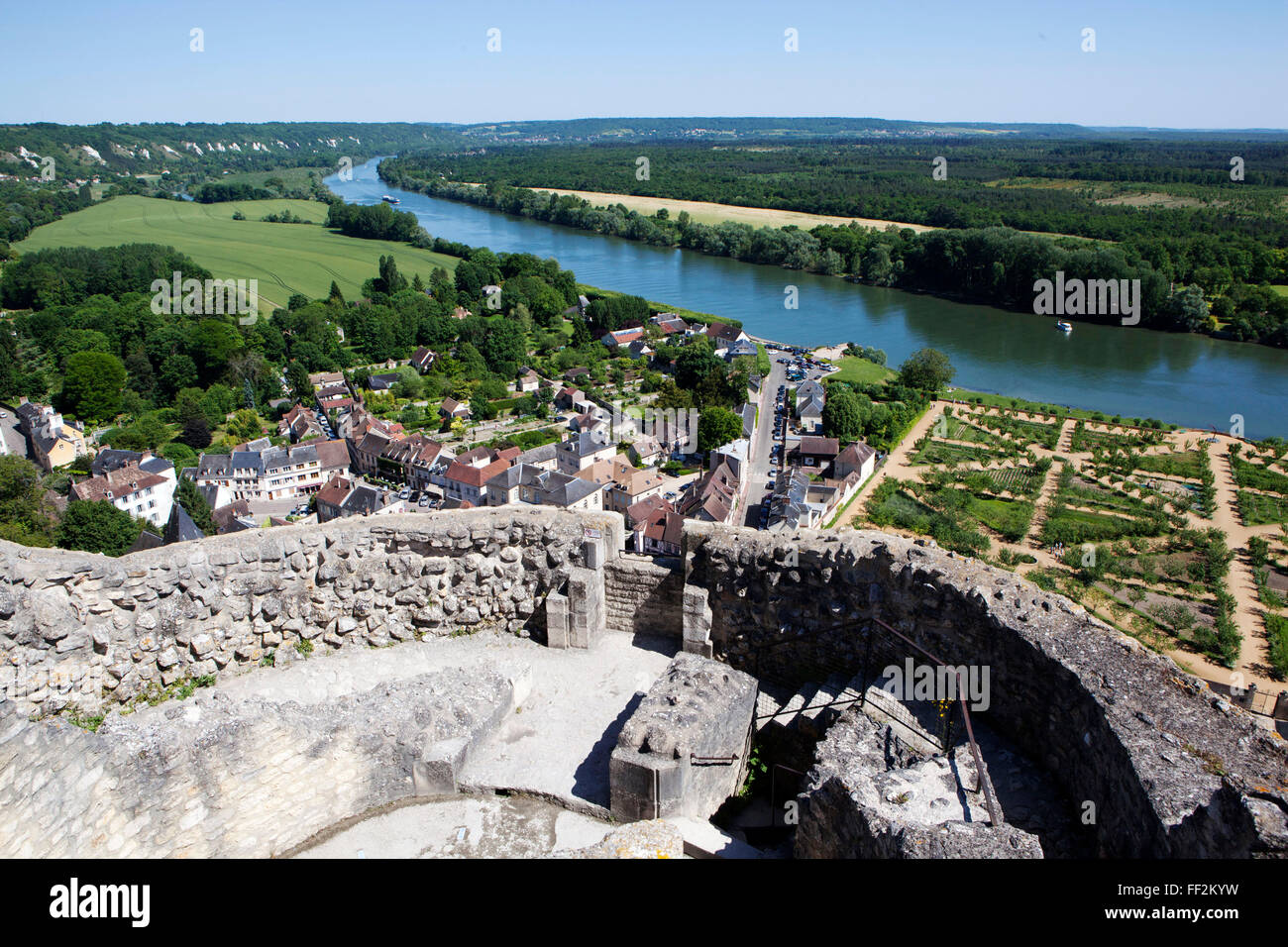 Vista del Fiume Senna dalla Roche Guyon CastRMe, in Normandia, Francia, Europa Foto Stock