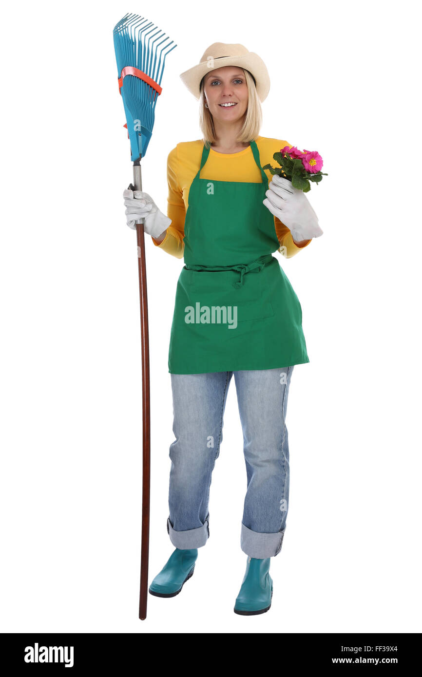 Giardiniere gardner giovane donna con fiore giardinaggio giardino occupazione corpo pieno isolati su sfondo bianco Foto Stock
