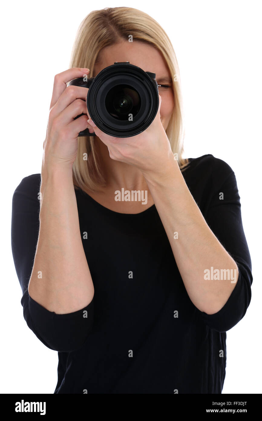 Fotografo giovane donna foto fotografia con la fotocamera professione hobby isolato su uno sfondo bianco Foto Stock