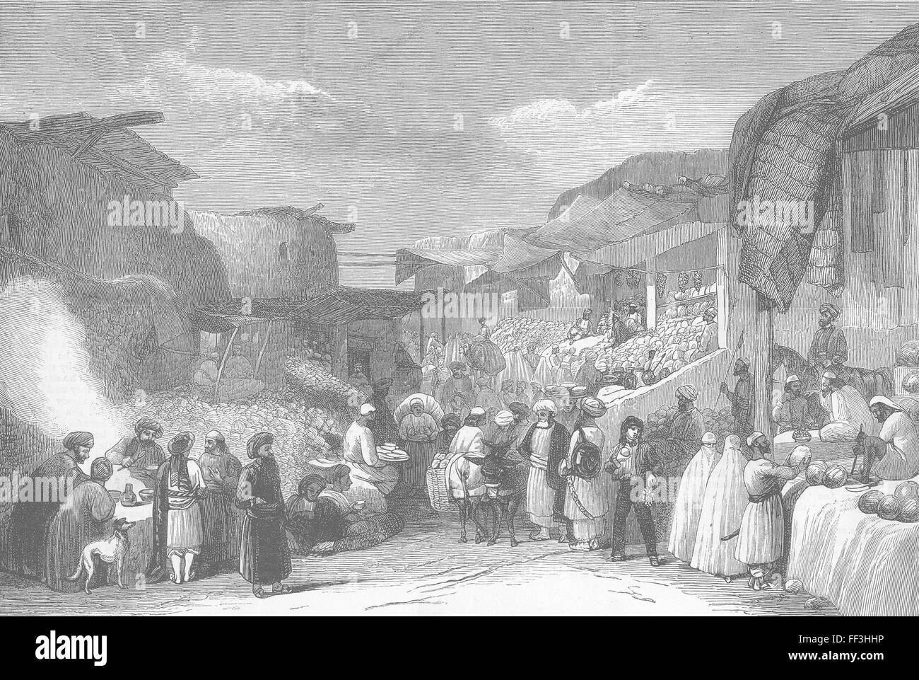 AFGHANISTAN Kabul-Main St, Bazaar, frutta di stagione 1879. Il grafico Foto Stock