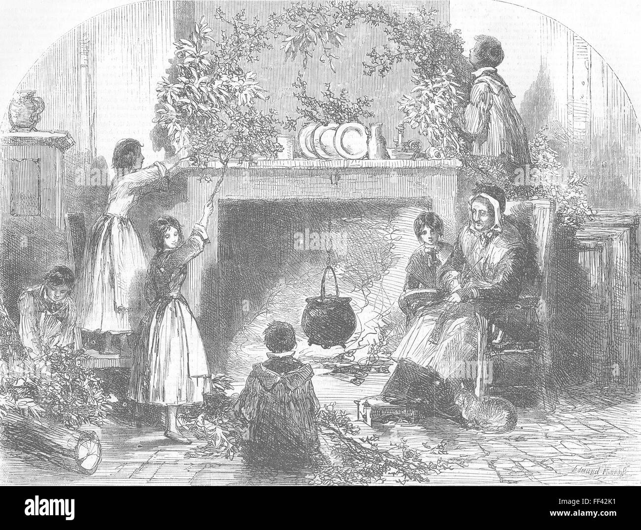 Le famiglie di Natale Capodanno-mettendo a Holly, vischio 1855. Illustrated London News Foto Stock