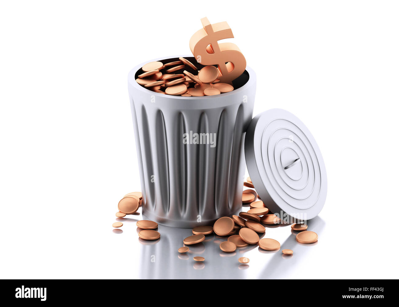 3D renderer illustrazione. Cestino con monete d'oro. Isolato su sfondo bianco. Foto Stock