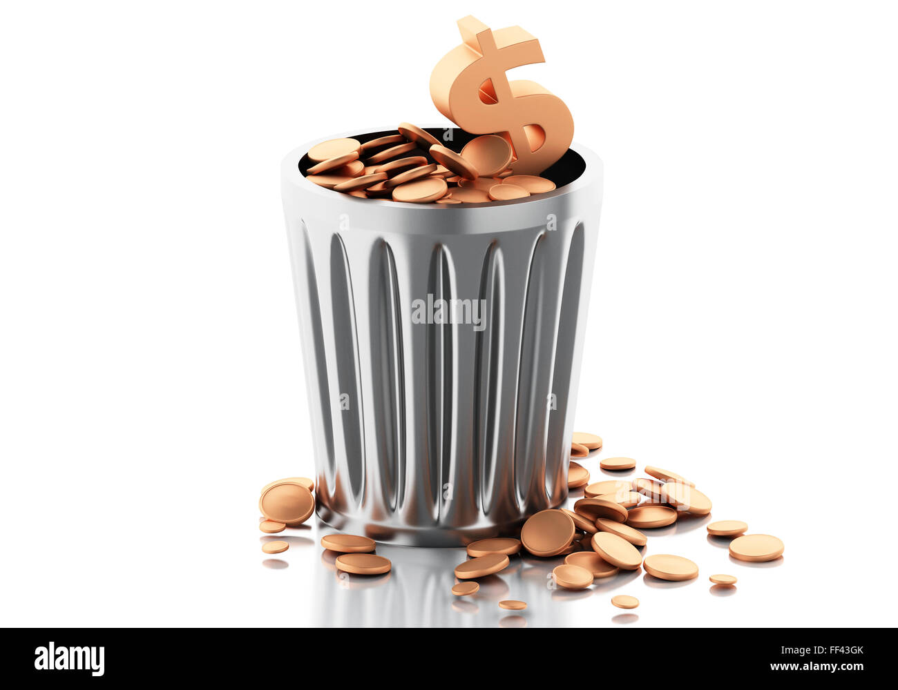 3D renderer illustrazione. Cestino con monete d'oro. Isolato su sfondo bianco. Foto Stock