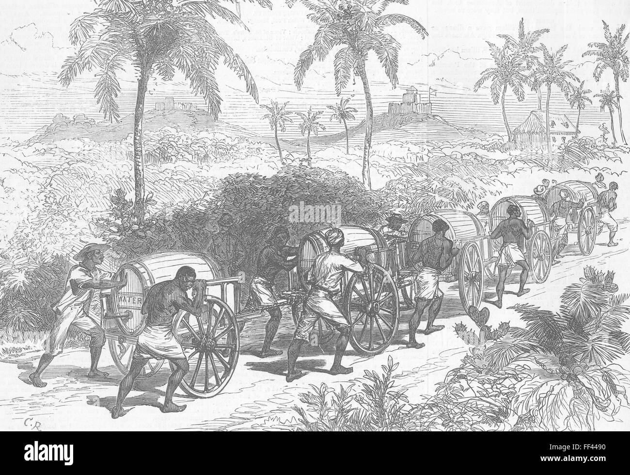 ASHANTI guerre Guerra di alimentazione di acqua di Cape Coast castle 1874. Illustrated London News Foto Stock