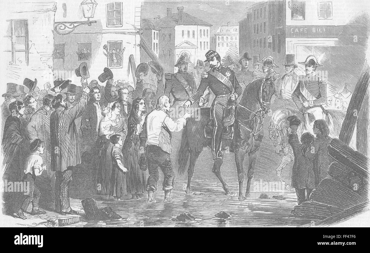 Francia imperatore dando elemosina per le vittime delle inondazioni 1856. Tempi illustrato Foto Stock