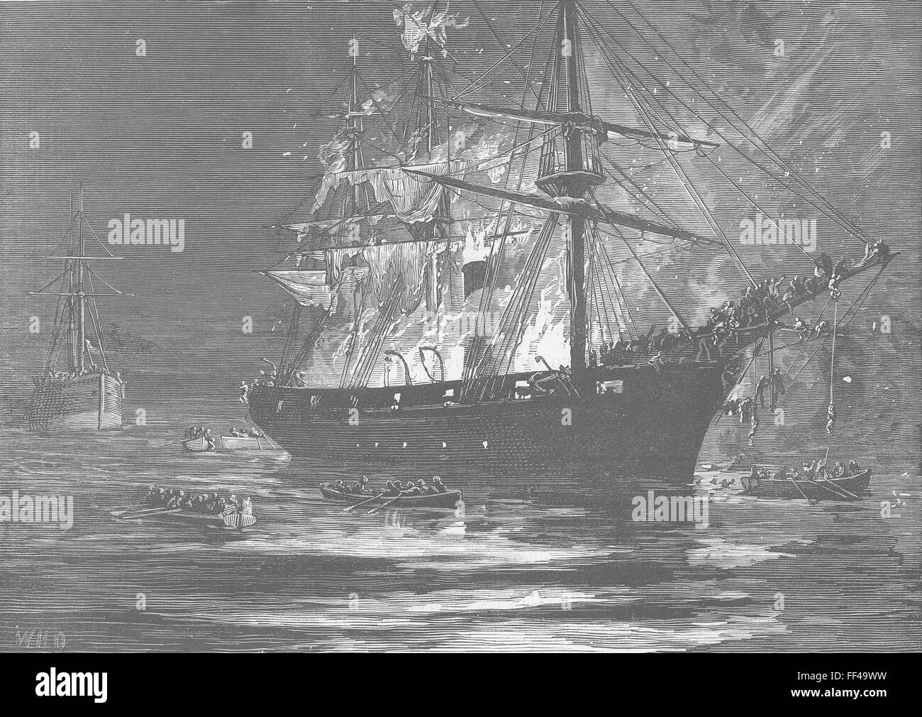 Egitto nave Latif bruciando, Mar Rosso 1877. Illustrated London News Foto Stock