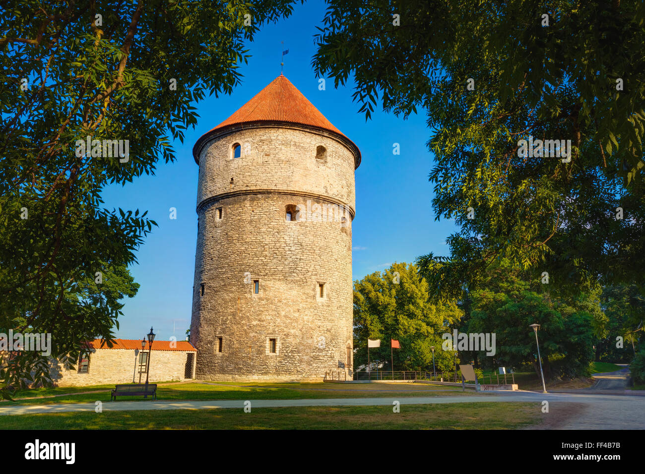 Tallinn, Estonia. Torre medievale Kiek-in-de-Kok nel parco sulla collina di Toompea Foto Stock