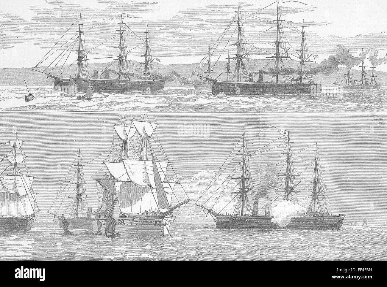 Giappone Navi, baia di Yedo; salutando bandiera giapponese 1881. Illustrated London News Foto Stock