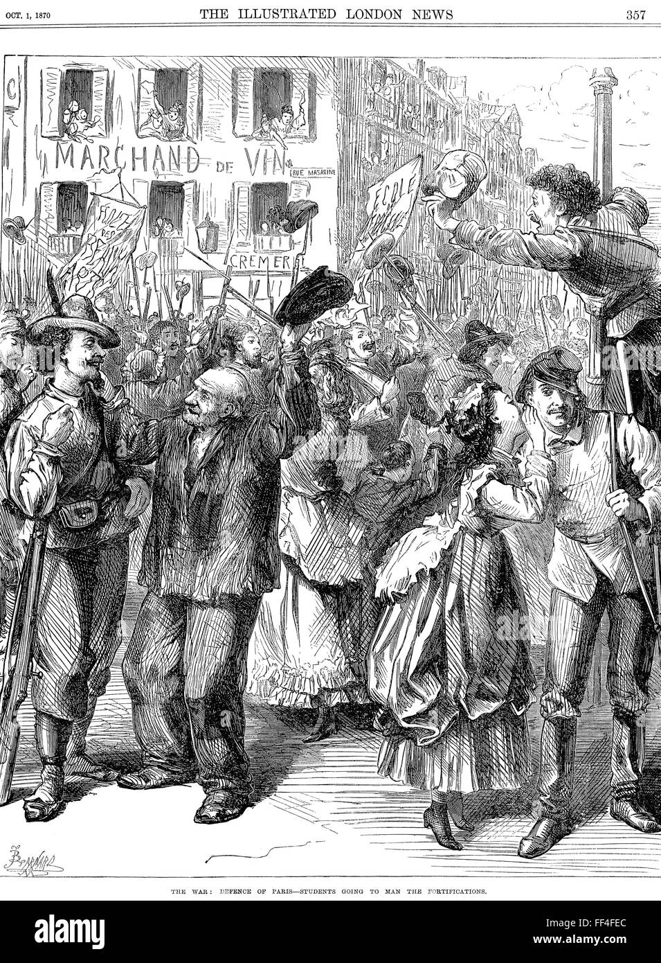 FRANCO-prussiana di guerra 1870-1871. Incisione dall'Illustrated London News che mostra una vista romantica di studenti parigini lasciando per la lotta contro i tedeschi Foto Stock