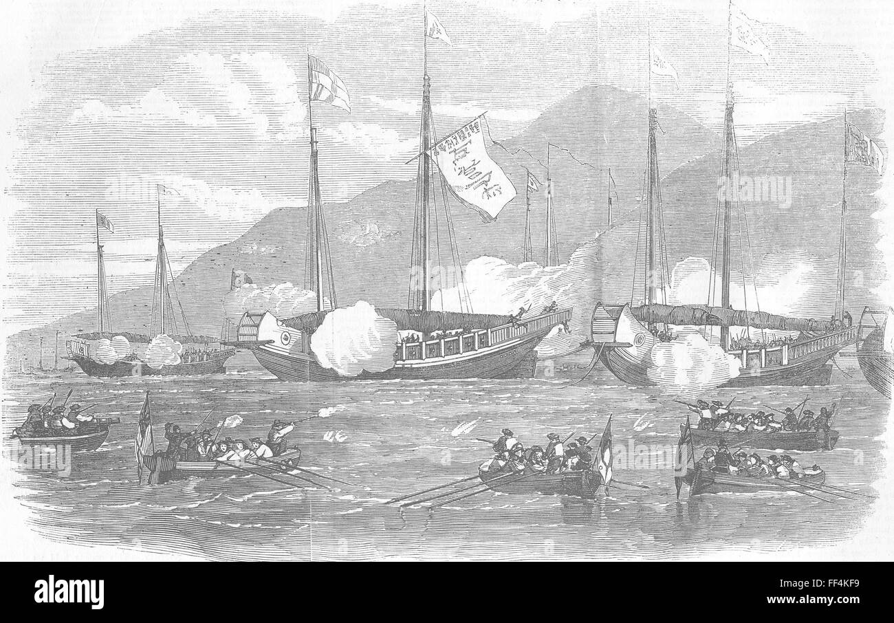 Cina Royal Navy affondamento giunche mandarino, Toon-Chung 1857. Illustrated London News Foto Stock