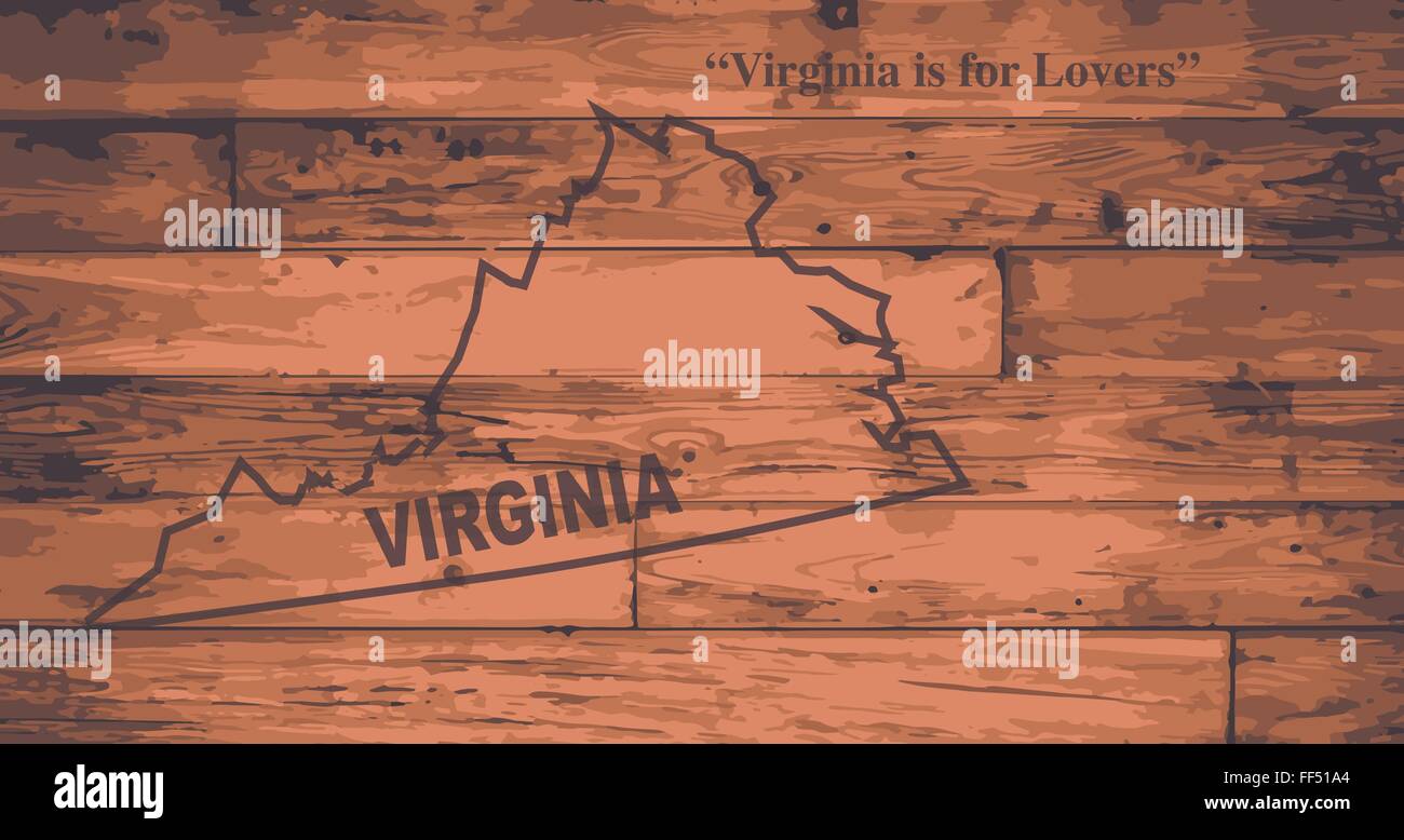 Stato della Virginia mappa marca su tavole di legno con contorno della mappa e il motto dello stato Illustrazione Vettoriale