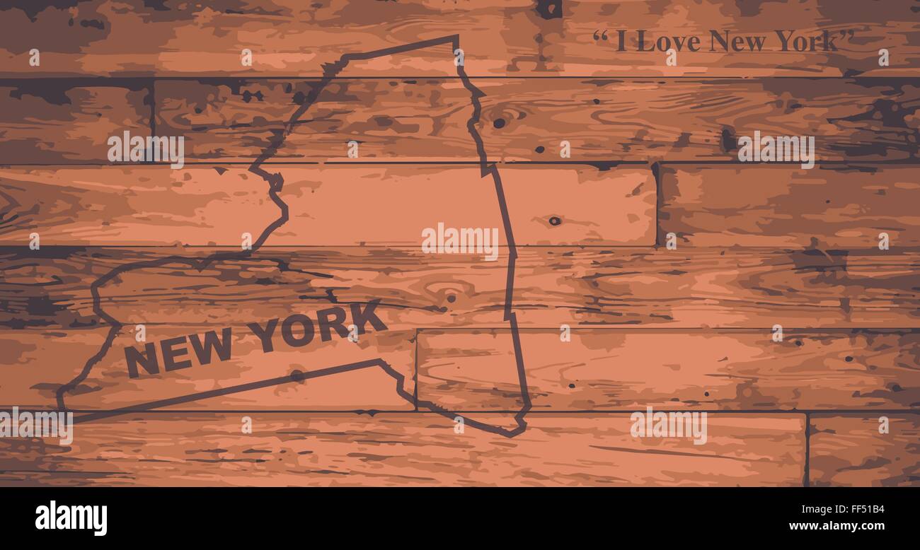 Lo stato di New York mappa marca su tavole di legno con contorno della mappa e il motto dello stato Illustrazione Vettoriale