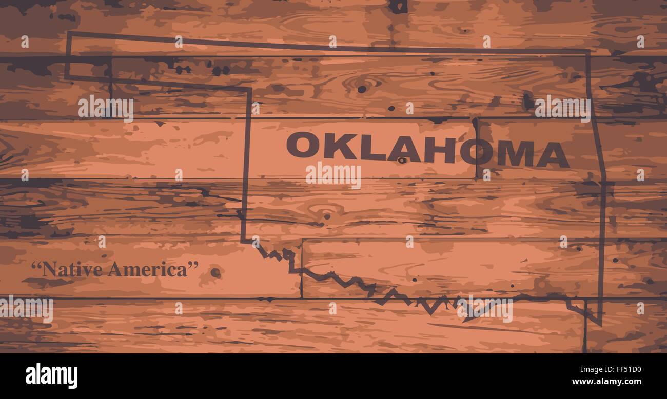 Oklahoma State mappa marca su tavole di legno con contorno della mappa e il motto dello stato Illustrazione Vettoriale