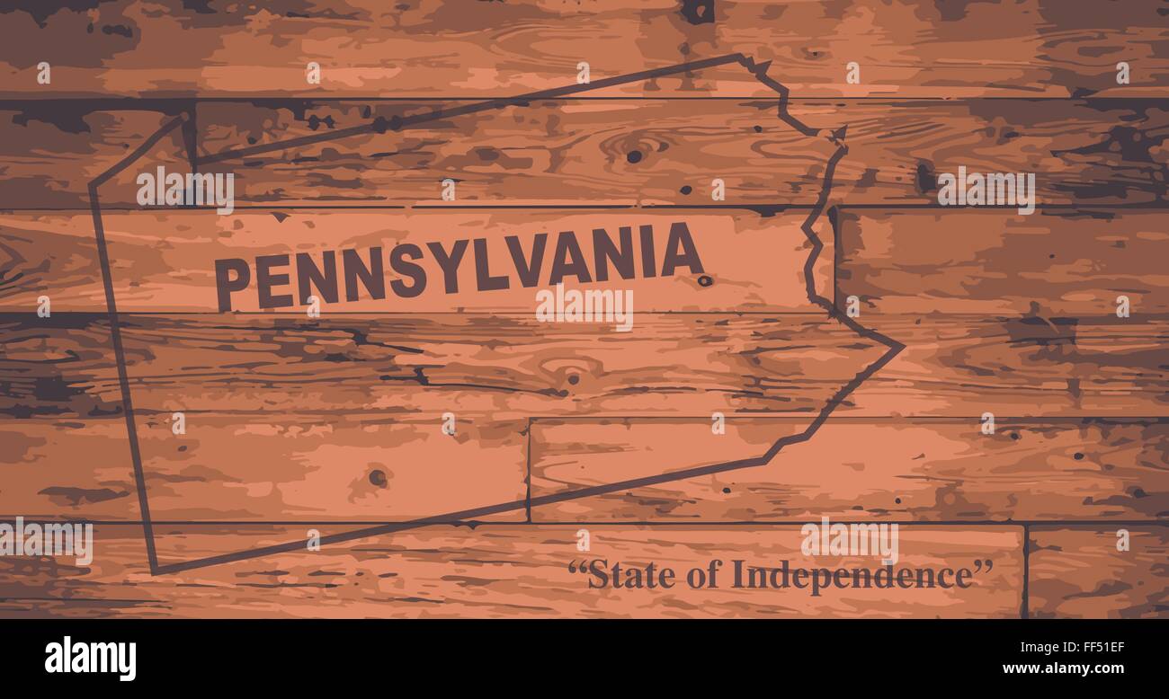 Stato della Pennsylvania mappa marca su tavole di legno con contorno della mappa e il motto dello stato Illustrazione Vettoriale