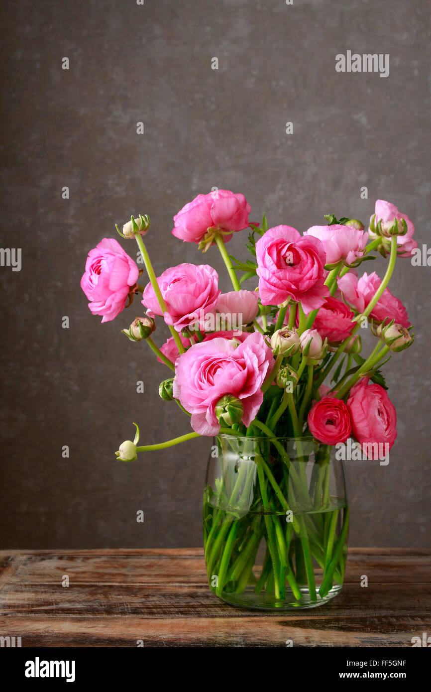 Bouquet di ranuncoli rosa fiori in vaso di vetro Foto stock - Alamy