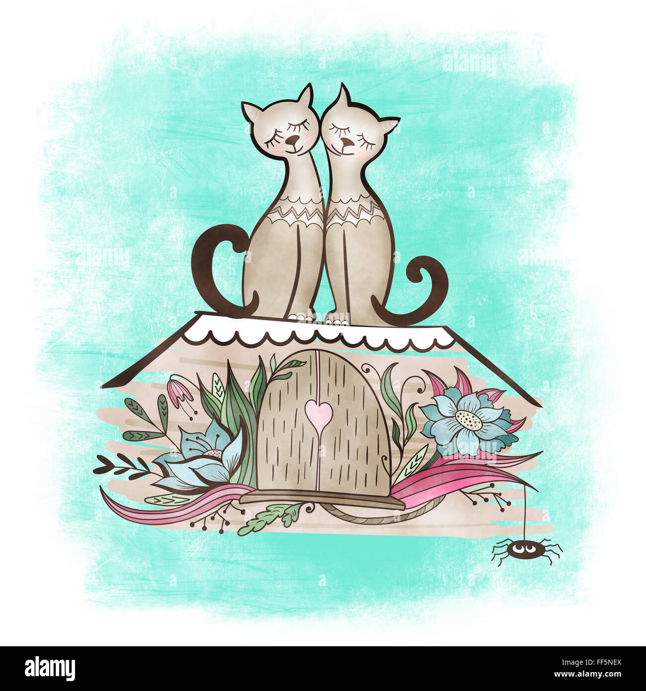 Romantico San illustrazione con un paio di gatti seduti sul vecchio tetto Foto Stock