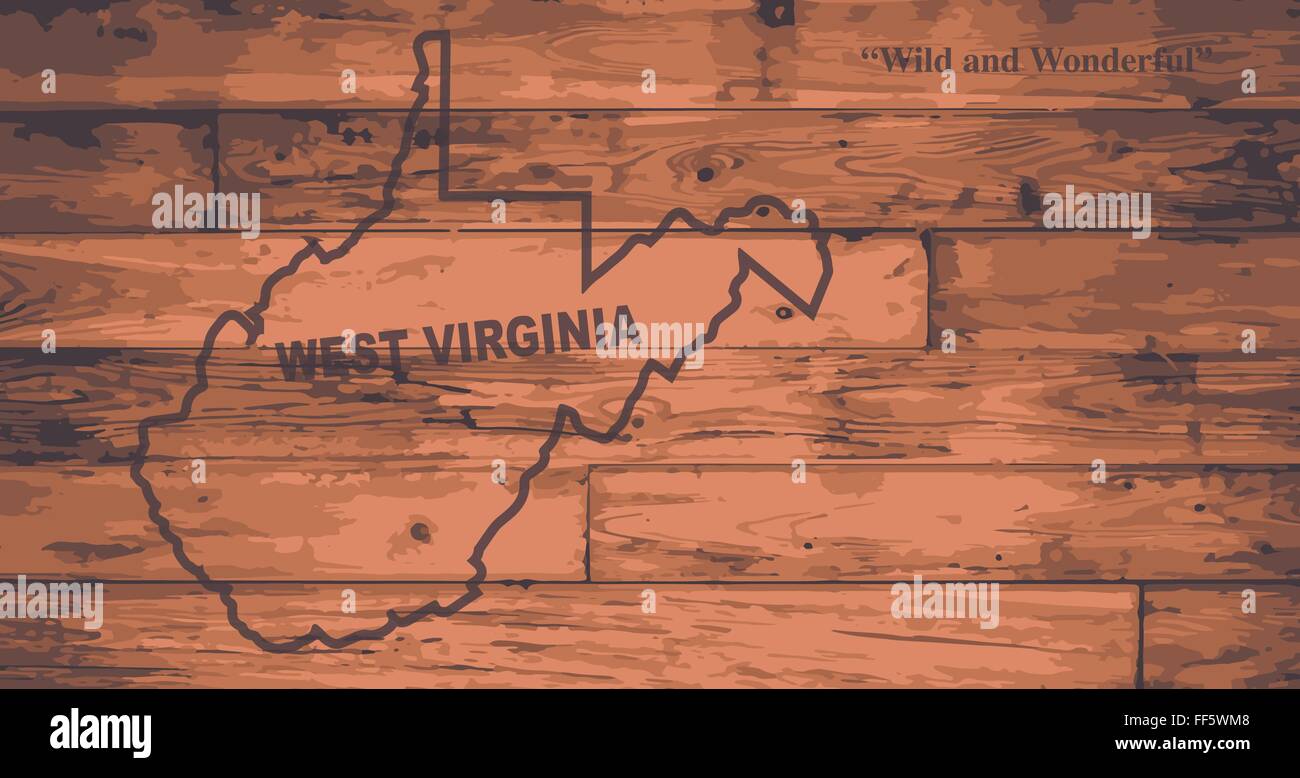 West Virginia membro mappa marca su tavole di legno con contorno della mappa e il motto dello stato Illustrazione Vettoriale