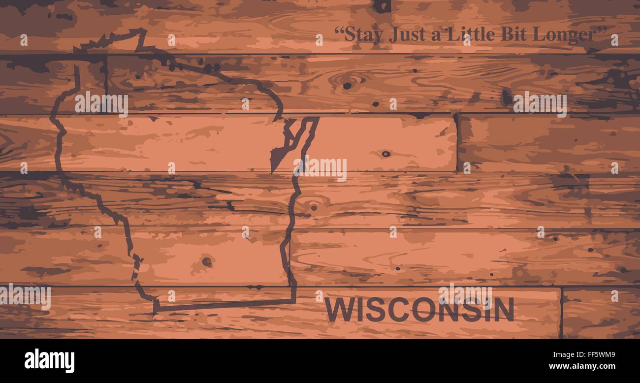 Stato del Wisconsin mappa marca su tavole di legno con contorno della mappa e il motto dello stato Illustrazione Vettoriale