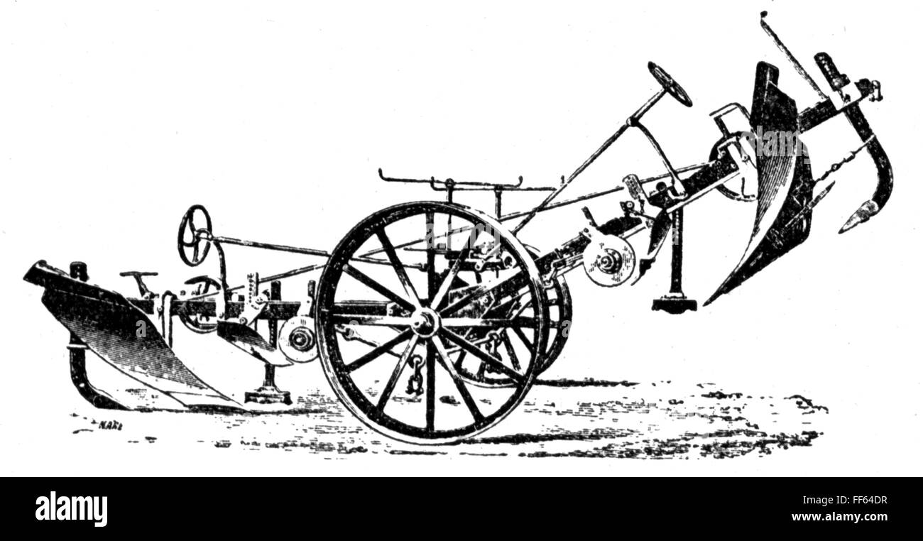 Agricoltura, macchine, aratro di Meppen per siepi e foreste, incisione del legno, da: Buch der Erfindungen, Gewerbe und Industrien, casa editrice otto Spamer, Lipsia - Berlino, 1864 - 1867, diritti aggiuntivi-clearences-non disponibili Foto Stock